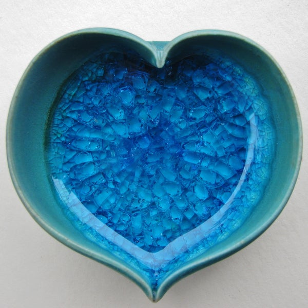 Tiny Pots: Turquoise Ceramic Heart Bowl with Blue Glass, Miniatures, Ring Holders, Mother's Day, Valentine's Day, Wedding Favor