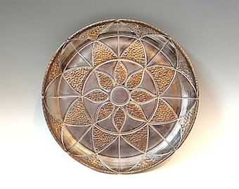 Roycroft Signed Arts & Crafts Style Porcelain Plate, Copper and Pewter Finish, Hand-carved "Hammered Copper" Design