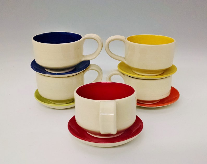 Heirloom-Quality Functional Art Pottery with Bold Bright Colors Ceramic Coffee Mug and Saucer Set set of 2