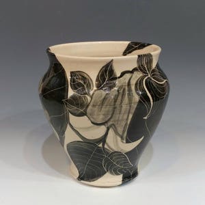 Botanical Black and White Ceramic Vase with Trees and Large Branches, Leaves, and FlowersWedding Gift Pottery image 3