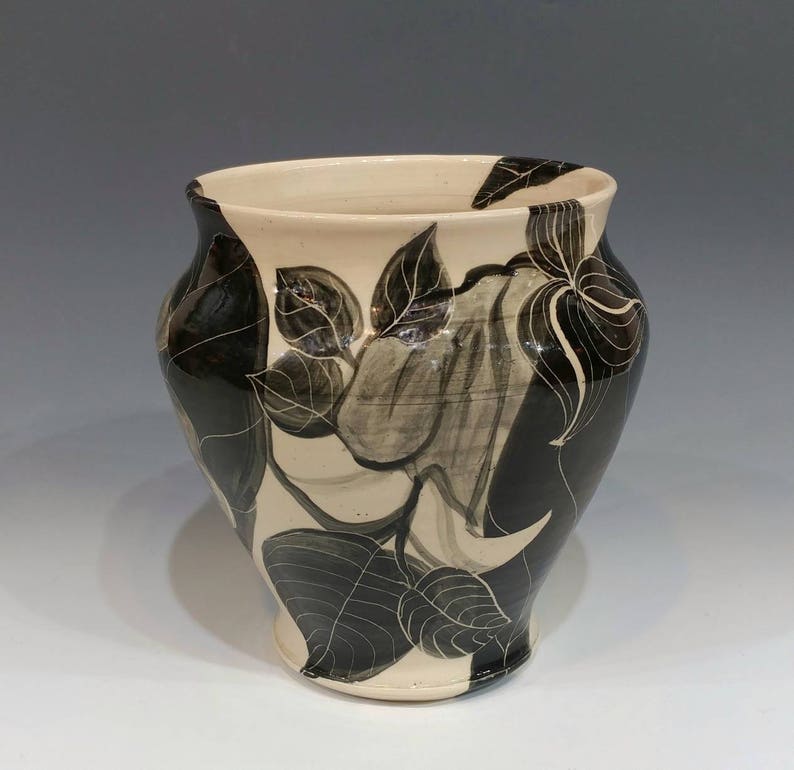 Botanical Black and White Ceramic Vase with Trees and Large Branches, Leaves, and FlowersWedding Gift Pottery image 3