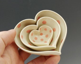 Set of 3 Nested Hearts in Ivory with Pink Dots, Stocking Stuffers, Ceramic Ring Dishes, Salt Cellars, Valentine's Day