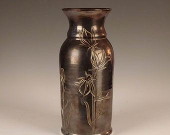 Roycroft Signed Arts & Crafts Style Porcelain Tall Vase, Carved Flowers in a Pewter Glaze.