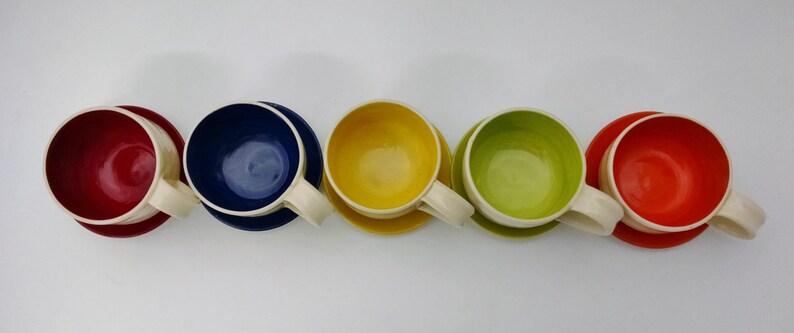 Heirloom-Quality Functional Art Pottery with Bold Bright Colors Ceramic Coffee Mug and Saucer Set set of 2