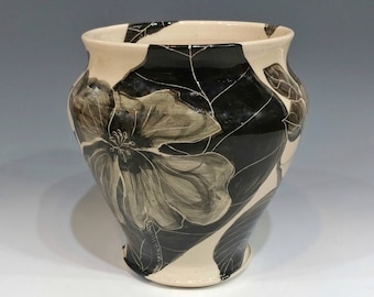 Botanical Black and White Ceramic Vase with Trees and Large Branches, Leaves, and Flowers--Wedding Gift Pottery