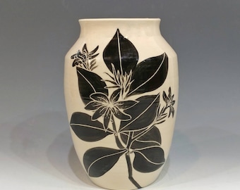 Botanical Black and White Ceramic Vase with Branches, Leaves, and Flowers--Wedding Gift Pottery