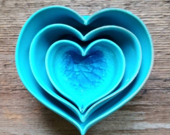 Tiny Pots: Turquoise Ceramic Nesting Heart with Blue Glass, Miniatures, Ring Holders, Salt Cellar, Valentine's Day, Mother's Day, Wedding