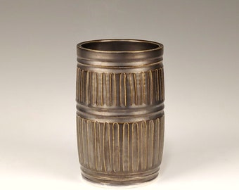Roycroft Signed Arts & Crafts Style Porcelain Carved Barrel Vase in a Pewter Glaze.