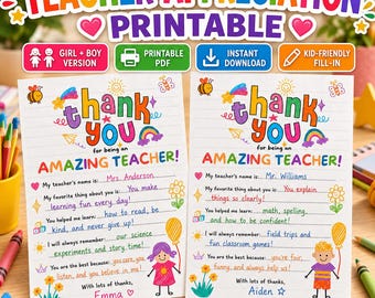 Teacher Appreciation Card Fill In, Kids Teacher Appreciation Card,  Thank You Teacher Printable, End of Year Teacher Gift PDF