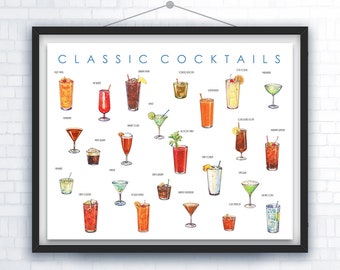 Classic Cocktails poster – PRINTABLE Minimalist Style Cocktail art print - Cocktail gifts–  Bar Decor – Infographic  – Kitchen art