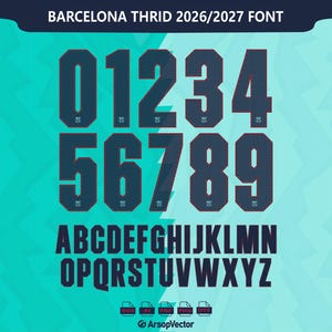 Puede incluir: Un conjunto de fuentes digitales titulado BARCELONA THRID 2026/2027 FONT que presenta números azul oscuro del cero al nueve con un patrón de puntos rojos y un conjunto completo de letras mayúsculas azul oscuro de la A a la Z sobre fondo turquesa.