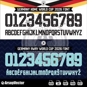 May include: A digital font set featuring the Germany Home World Cup 2026 typeface in black with numbers 0-9 and letters A-Z, and the Germany Away World Cup 2026 typeface in light blue with numbers 0-9 and letters A-Z including special characters.