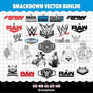 Pode incluir: Uma coleção digital de gráficos vetoriais da WWE com logotipos para Raw, Smackdown e Wrestlemania, ao lado de ilustrações de lutadores profissionais, cinturões de campeonato e ringues, exibidos em um fundo de grade branca.