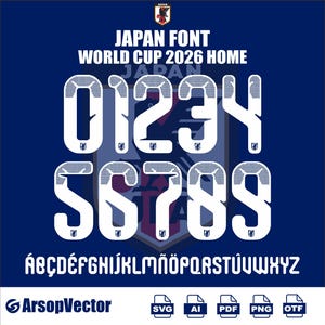 以下が含まれることがあります： 「Japan Font World Cup 2026 Home」と題されたデジタルフォントセット。上部にテクスチャパターンが施された白の数字0から9と、ダークブルーの背景にJFAロゴを配した、一致する白の書体によるアルファベットの全文字が表示されています。