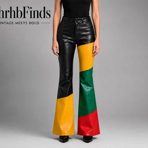 Women’s Vintage Color Block Leather Flare Pants High Waist Bell Bottom Retro Disco Trousers
