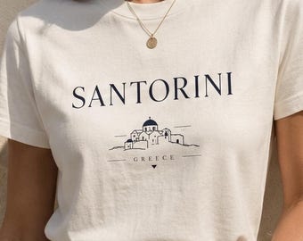 SANTORINI Kollektion T-shirt | Grafiskt tryckt bomulls-T-shirt | Santorini Grekland sommar-T-shirt | Minimalistisk resetröja | Presentsou