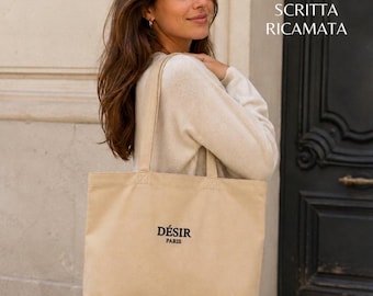 DÉSIR PARIS Broderad tygväska i kanvas | Minimalistisk shoppingväska i bomull | Accessoar i fransk stil | Elegant och hållbar shoppingväska