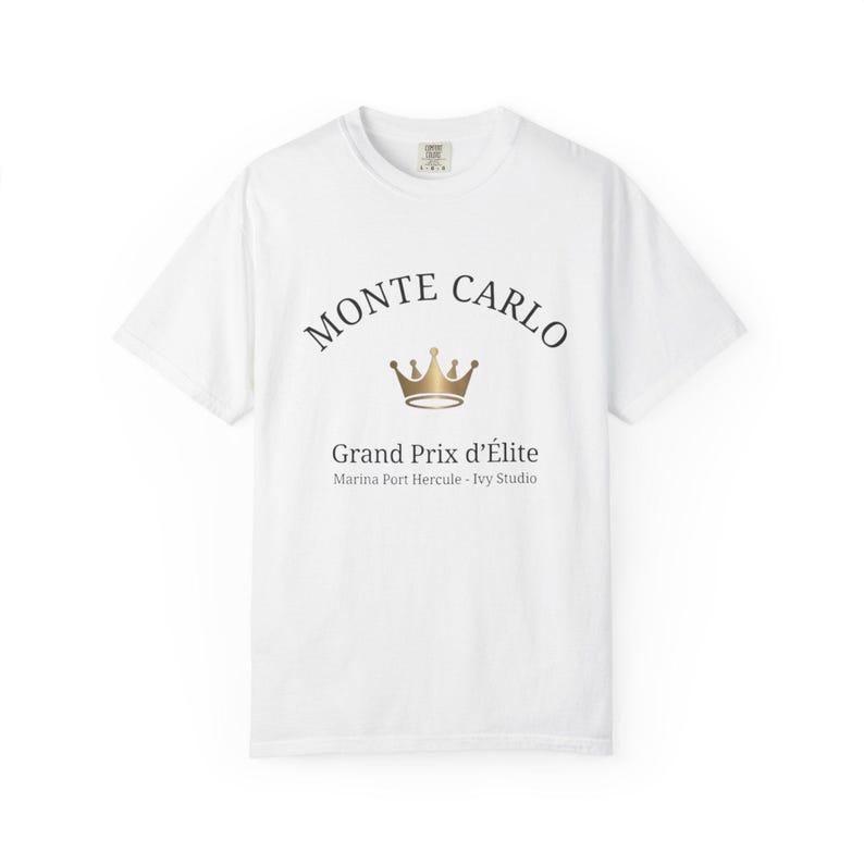 Monte Carlo Grand Prix Shirt, Ivy Studio Royal Heritage Tee, Monaco Yacht Club Aesthetic Top, Comfort Colors 1717 Ivory, Gold Crown Graphic, image 3
