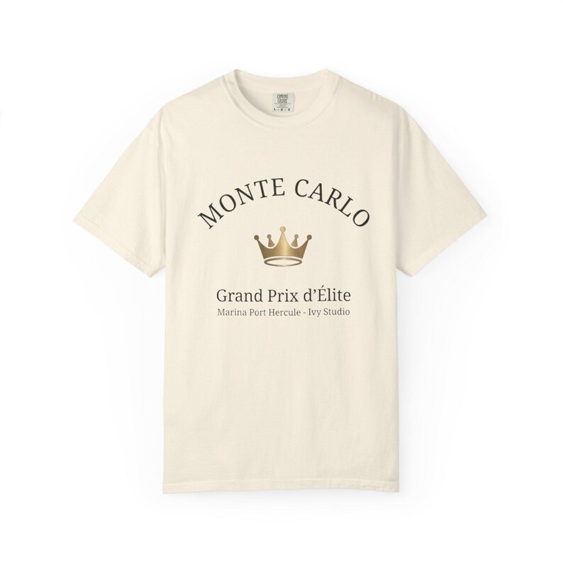 Monte Carlo Grand Prix Shirt, Ivy Studio Royal Heritage Tee, Monaco Yacht Club Aesthetic Top, Comfort Colors 1717 Ivory, Gold Crown Graphic, image 4