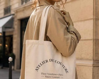 Atelier de Couture tygväska - Place Vendôme Paris tygväska - Modell OA113 bomulls shoppingväska - Parisisk estetisk halvcirkelformad väska -