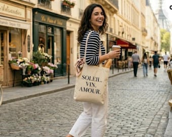 Toteväska "Soleil Vin Amour" - Fransk minimalistisk canvasväska - Ivy Studio Paris modell Oa113 - Estetisk gåva med gamla pengar - Strandväska med barnsäng