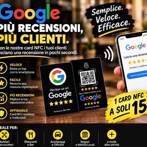 Può includere: Due schede NFC nere con il logo Google, una valutazione a cinque stelle e un codice QR. Uno smartphone mostra una pagina di recensioni Google. Il testo include "Review us on Google," "Semplice. Veloce. Efficace," e "PIÙ RECENSIONI, PIÙ CLIENTI."