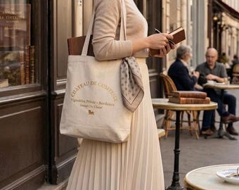 BomullstygväskaChâteau de Comtesse tygväska - Kraftig shoppingväska i canvas AS Färg 1001 - Guld- och krämfärgad canvasväska - Estetisk tyst Lu