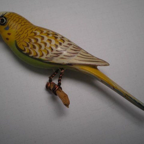 Vintage TAKAHASHI  PARAKEET  Hand Carved and Hand  Painted Wood  Signed