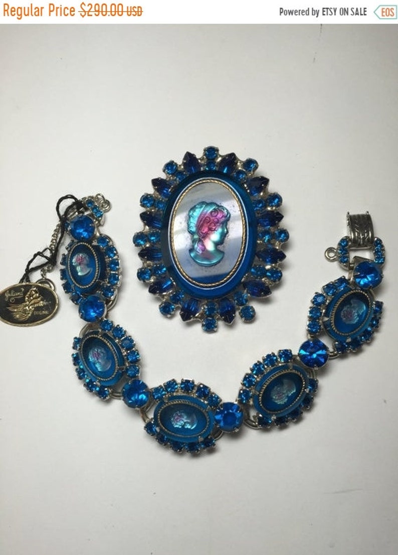 ON SALE D/&E aka Juliana Blue Glass Cameo Demi Parure Brooch and Bracelet Original Tag Item 17311