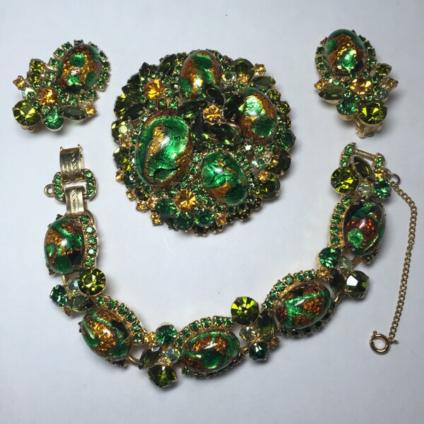 RESERVED for LINDA      DeLizza and Elster aka Juliana Bronze & Green  Gold Foil Art Glass Demi Parure   Item: 17090