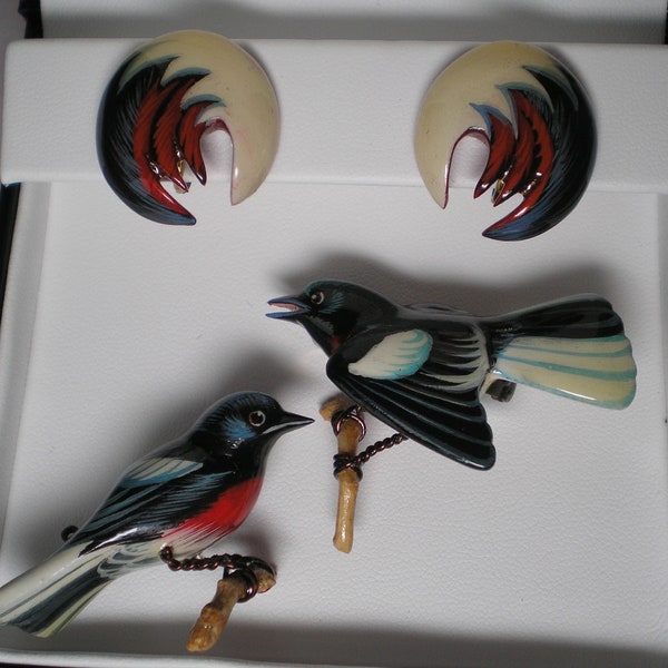 TAKAHASHI Hand Carved REDSTART 2 Birds and Earrings    Item No: 16267    RARE