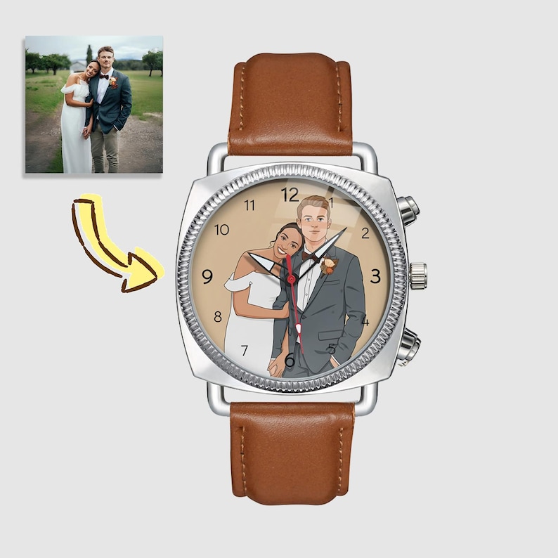 May include: A silver wristwatch with a brown leather strap. The watch face displays a custom illustration of a couple in wedding attire. A small photo of the couple is in the upper left corner, with a yellow arrow pointing to the watch.
