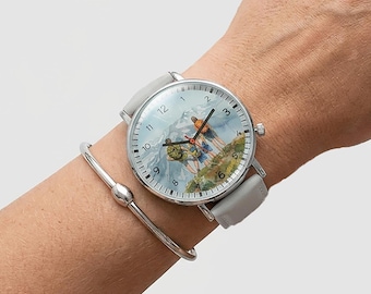 Orologio personalizzato con foto, quadrante minimalista personalizzato con effetto acquerello e cinturino in pelle per donna.