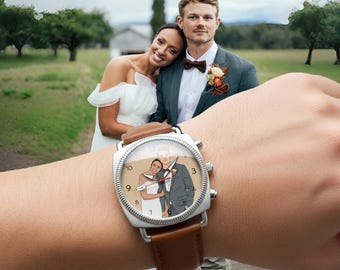 Custom Portrait Watch, Personalized Couple Photo Drawing Dial, Engagement  Gift for Her