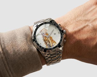Personalized Photo Watch, Custom Watercolor Pet Portrait Stainless Steel Men's Watch with Calendar