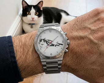 Custom Photo Watch, Watercolor Pet Portrait, Personalized Cat Lover Gift