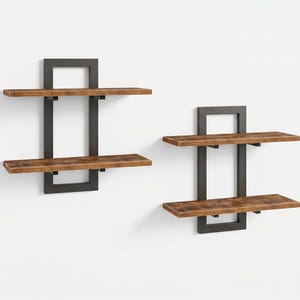 Set of 2 Rustic Brown Black Floating Shelves – 15 Inch 2-Tier Industrial Wall Organizer