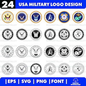 May include: A collection of 24 USA military logo designs, including Army, Navy, Air Force, Space Force, Coast Guard, and Marine Corps emblems. The logos are in color and black and white, with the text "USA MILITARY LOGO DESIGN".