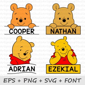 Könnte beinhalten: Vier Cartoon-Bilder eines Bären mit den Namen "COOPER", "NATHAN", "ADRIAN" und "EZEKIAL". Der Bär ist in verschiedenen Posen, einige halten Schilder mit den Namen. Das Bild enthält auch den Text "EPS + PNG + SVG + FONT".