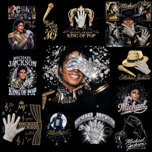 Könnte beinhalten: Eine Collage von Bildern mit Michael Jackson. Die Motive umfassen Porträts, einen mit Juwelen besetzten Handschuh, eine Krone sowie die Schriftzüge "Michael Jackson" und "King of Pop". Die Farbgebung ist überwiegend Schwarz, Weiß und Gold.