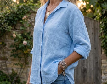 Shirt van linnenmix voor dames - klassieke blouse met knoopsluiting - minimalistische kantoortop - vakantieshirt met lange mouwen - ademende katoen-linnen top