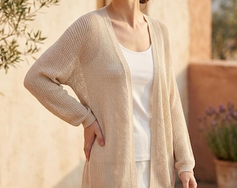 Cardigan in misto lino, kimono a maglia aperta - Cappotto estivo minimalista - Copricostume boho da spiaggia - Regalo per lei - Cardigan leggero a maglia