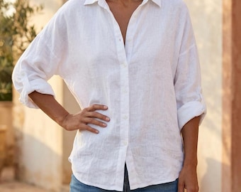 Camicia di lino da donna - Maglia a maniche lunghe con bottoni - Abbigliamento minimalista da ufficio - Regalo per lei - Camicetta traspirante in cotone e lino