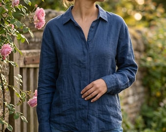 Camicia in lino con bottoni - Blusa da ufficio a maniche lunghe - Top minimalista in stile francese - Abbigliamento casual per il lavoro e il fine settimana - Cotone e lino traspirante