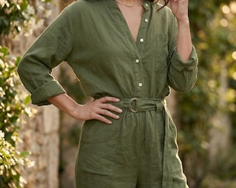 Tuta intera da donna in misto lino - Tuta corta a maniche lunghe con bottoni - Outfit casual autunnale - Regalo per lei - Tuta intera in cotone a vita alta