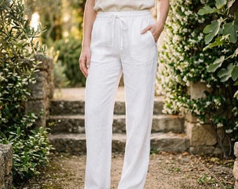 Pantaloni in lino a gamba larga, con coulisse in vita - Pantaloni palazzo a vita alta - Abbigliamento estivo da resort - Regalo per lei - Pantaloni casual in cotone e lino