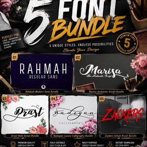 以下が含まれることがあります： 白と金色の「5 Font Bundle」というテキストが入ったデジタルフォントバンドルのグラフィック。画像には、「Rahmah」、「Marisa」、「Drast」、「Badegan」、「Zackers」など、5つのユニークなフォントスタイルが表示されています。ロゴ、ブランディング、ソーシャルメディアに適しています。