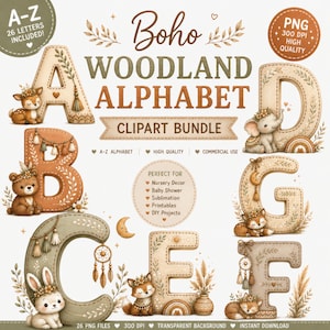 May include: A digital clipart bundle featuring a Boho Woodland Alphabet. The letters A, B, C, D, E, F, and G are shown, each with a unique design and woodland animal. The image includes the text "Boho Woodland Alphabet Clipart Bundle."
