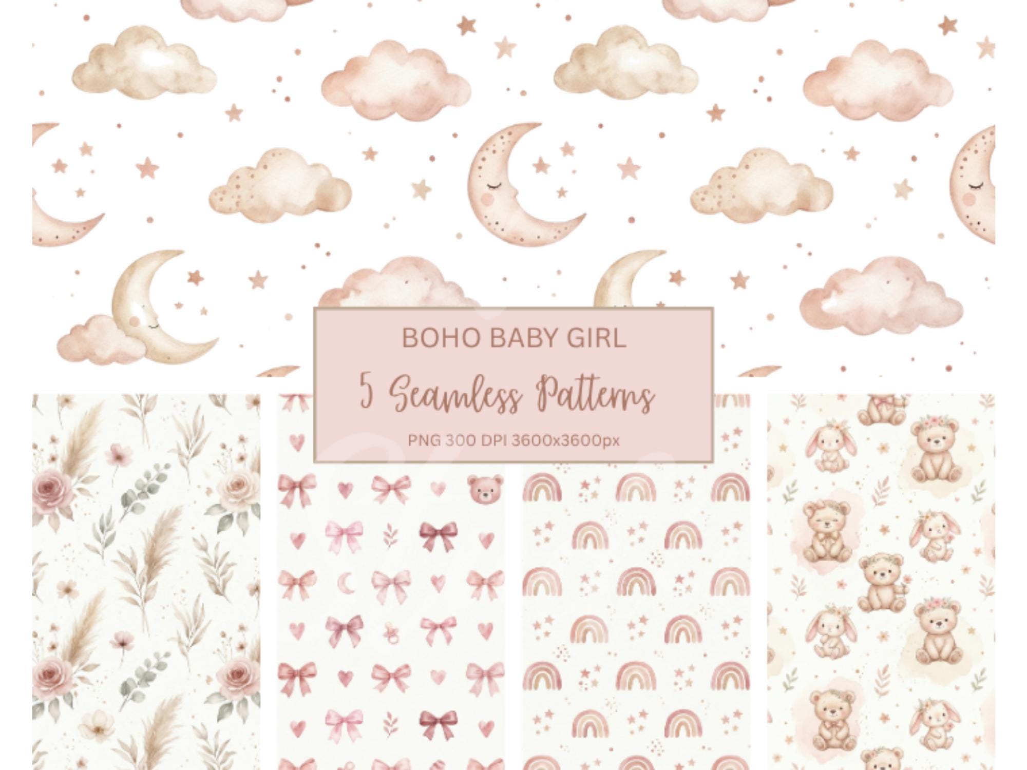 Boho Baby Girl Clipart PNG Bundle, Nursery Animals, Patterns (digital ...