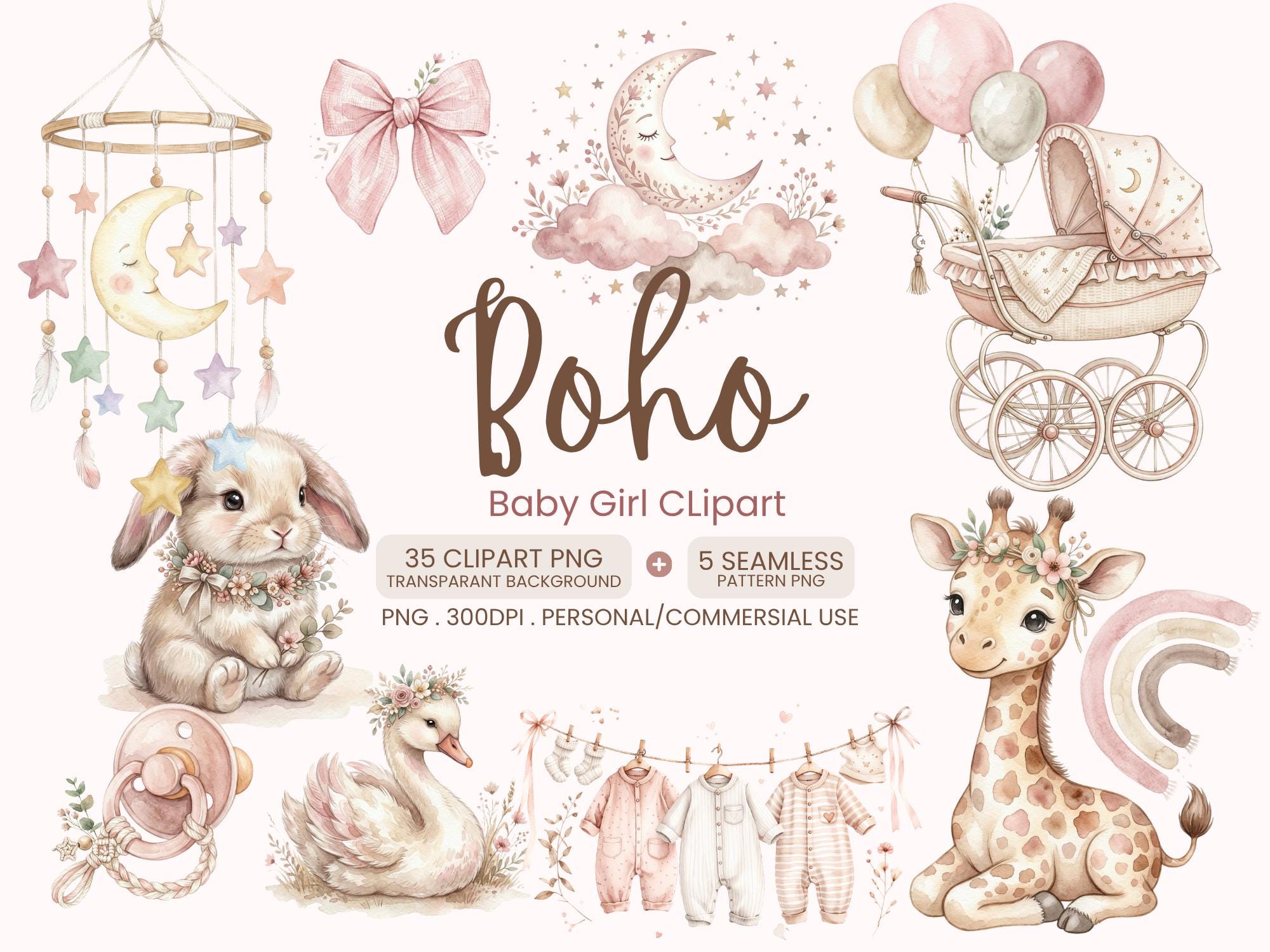 Boho Baby Girl Clipart PNG Bundle, Nursery Animals, Patterns (digital ...
